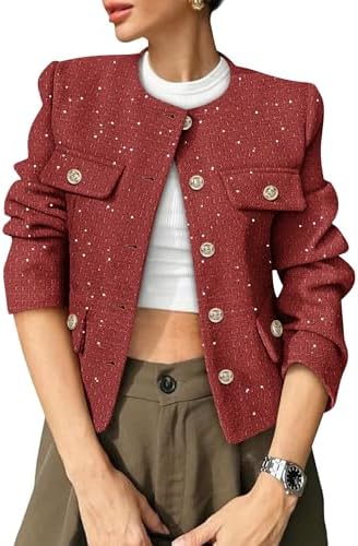myzgx Women's Fall Casual Button Down Tweed Blazer Jacket Round